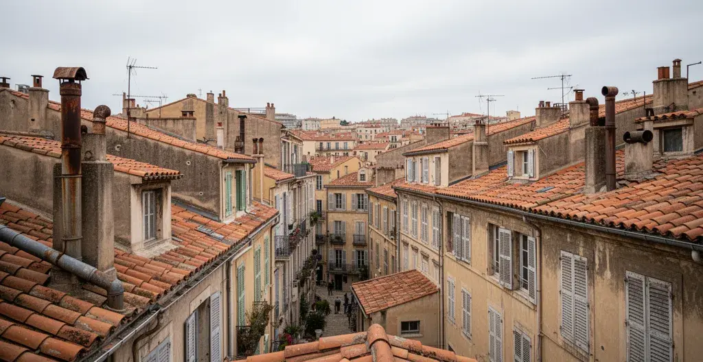 Façades anciennes du quartier du Panier à Marseille avec toits en terre cuite