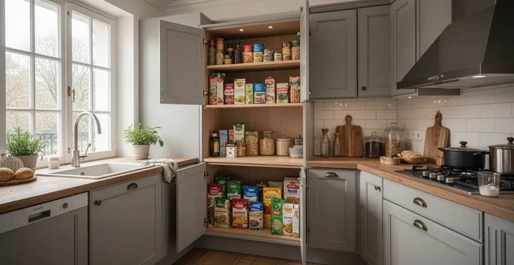 Cuisine familiale moderne avec placards ouverts contenant des denrées alimentaires