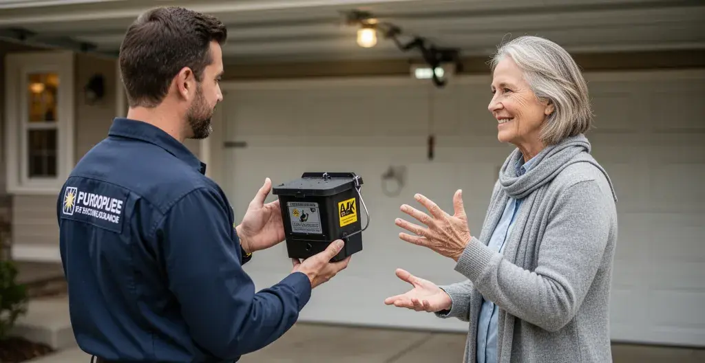 Technicien dératiseur montrant une station d'appâtage sécurisée à un propriétaire