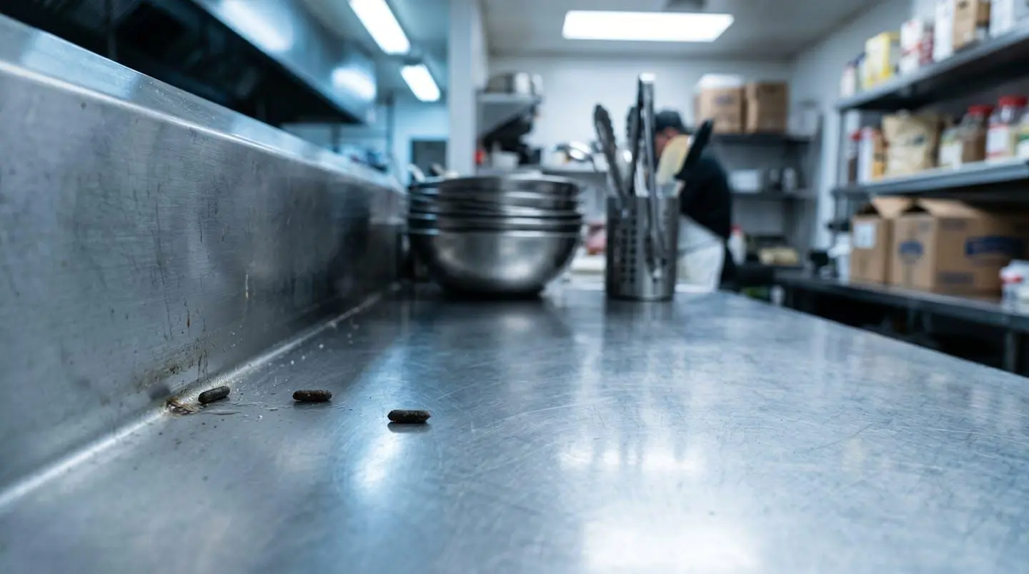 Gros plan documentaire sur surface inox de cuisine commerciale montrant petits excréments de rongeur et traces de contamination, avec emballage grignoté en arrière-plan flouté