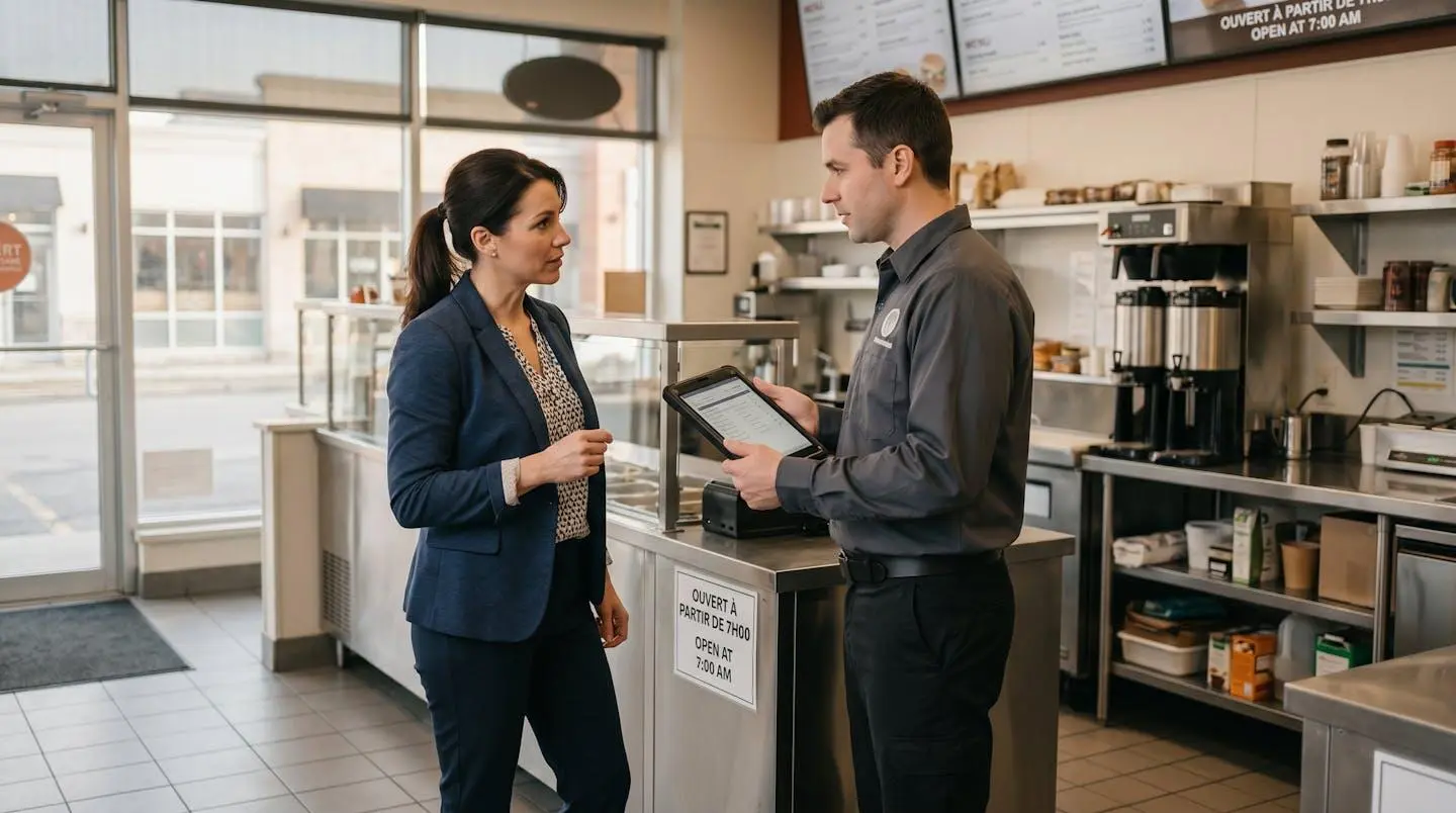 Technicien exterminateur professionnel consultant avec gestionnaire d'établissement commercial québécois devant comptoir, tablette en main, intervention discrète en heure creuse avant ouverture