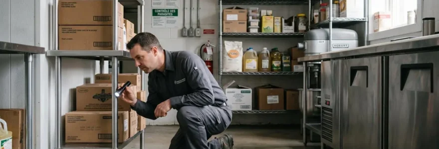 Technicien exterminateur certifié inspectant méthodiquement l'angle d'un mur dans l'arrière-cuisine d'un établissement commercial avec lampe torche, environnement professionnel québécois avec étagères métalliques et équipement industriel